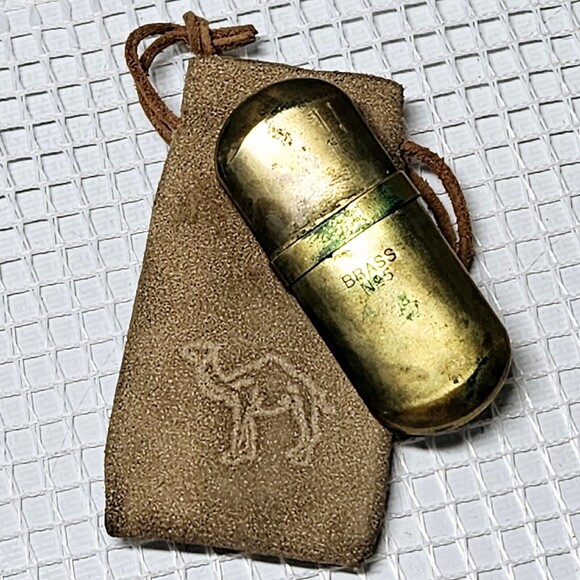 Vintage RJR RJ Reynolds Tobacco Brass #5 Camel Lighter in Suede Drawstring Bag - Picture 3 of 10